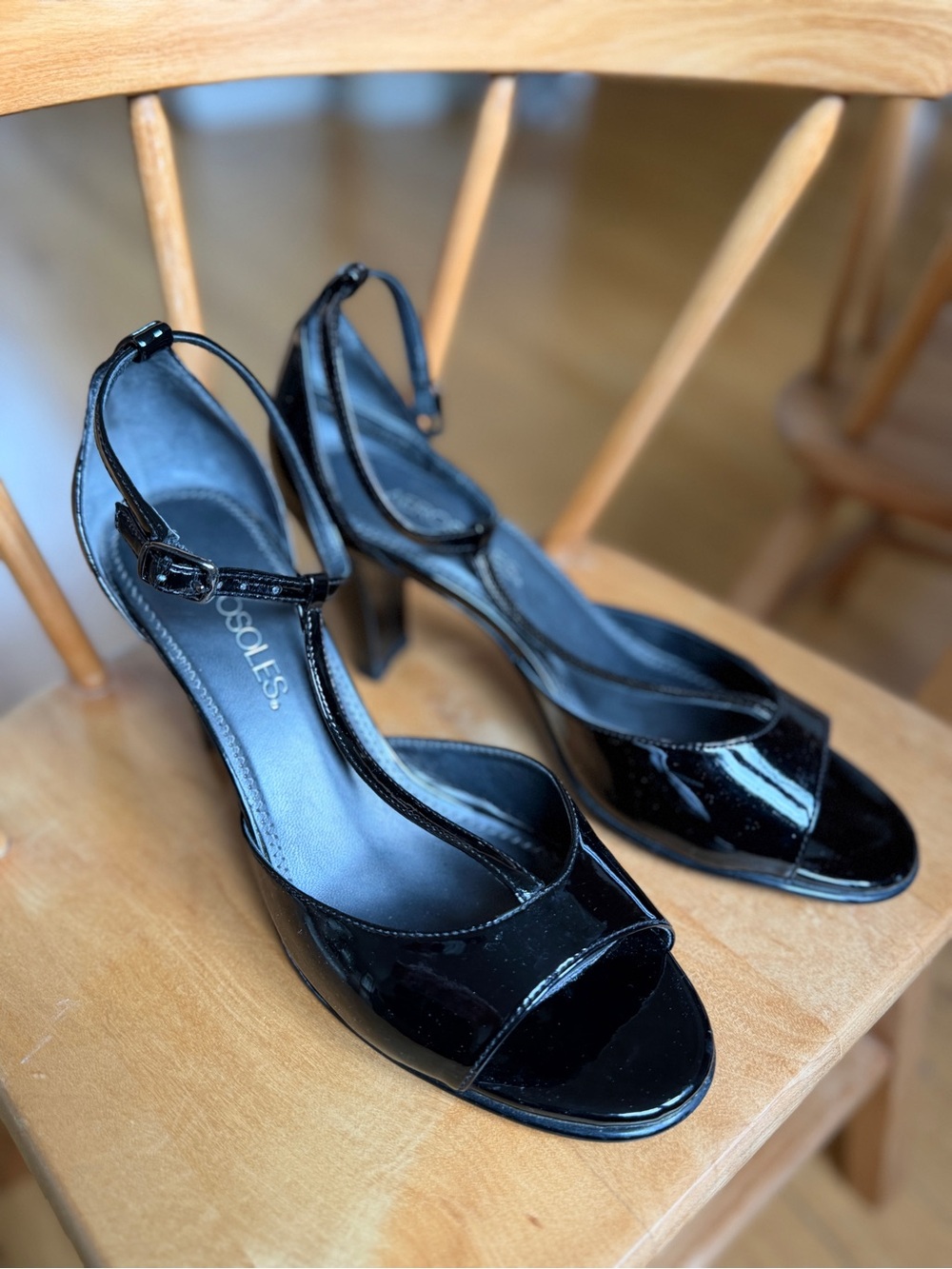 AEROSOLES Black Patent Open-Toe Ankle-Strap Heels